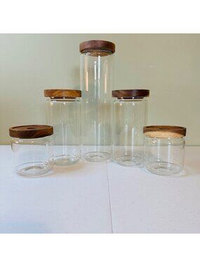 Glass storage jars with wood lids silicone seal set of 5 kitchen canisters